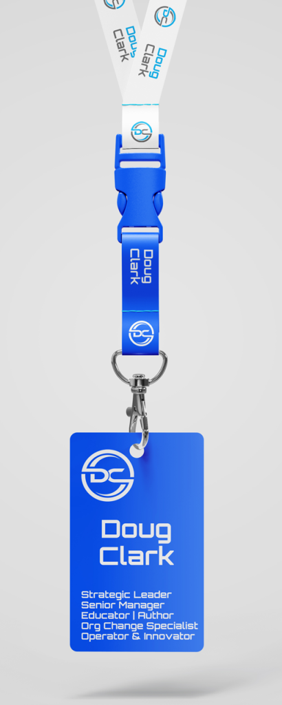 Doug Clark branded lanyard mockup showcasing strategic leadership and key roles