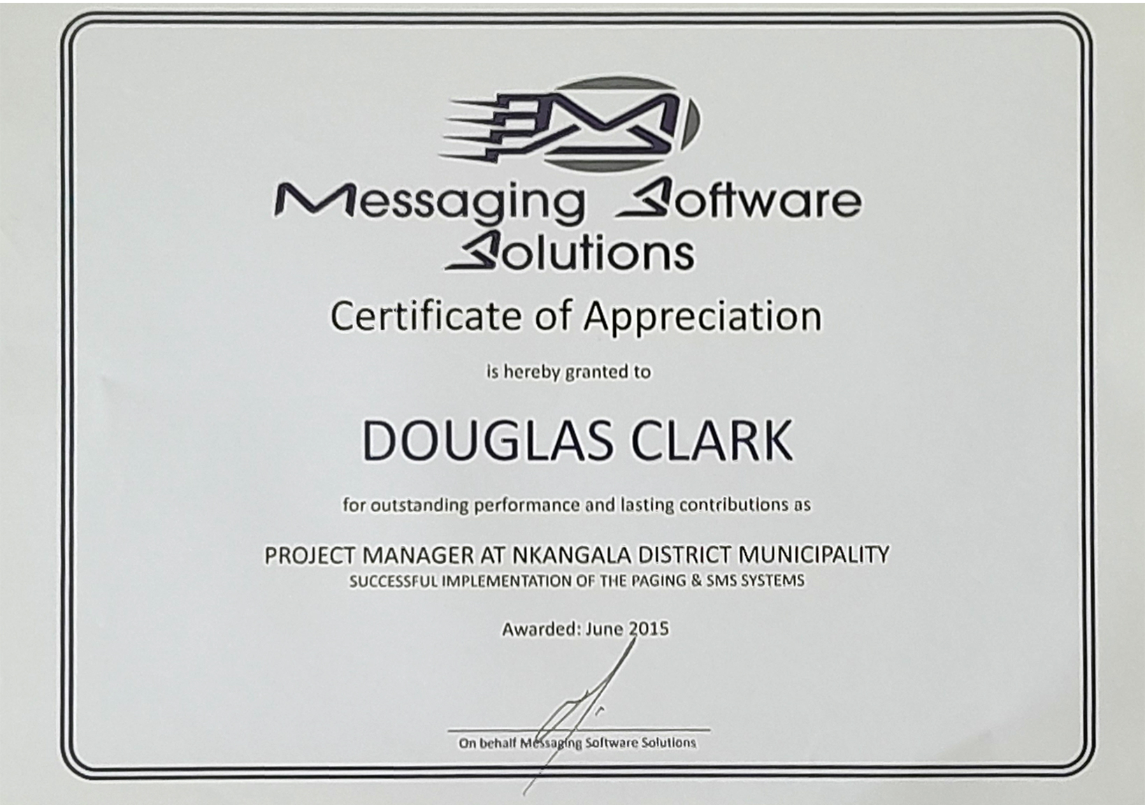 Certificate of Appreciation - Nkangala Project Certificate of appreciation awarded to Doug Clark for the successful delivery of the Nkangala District Municipality project