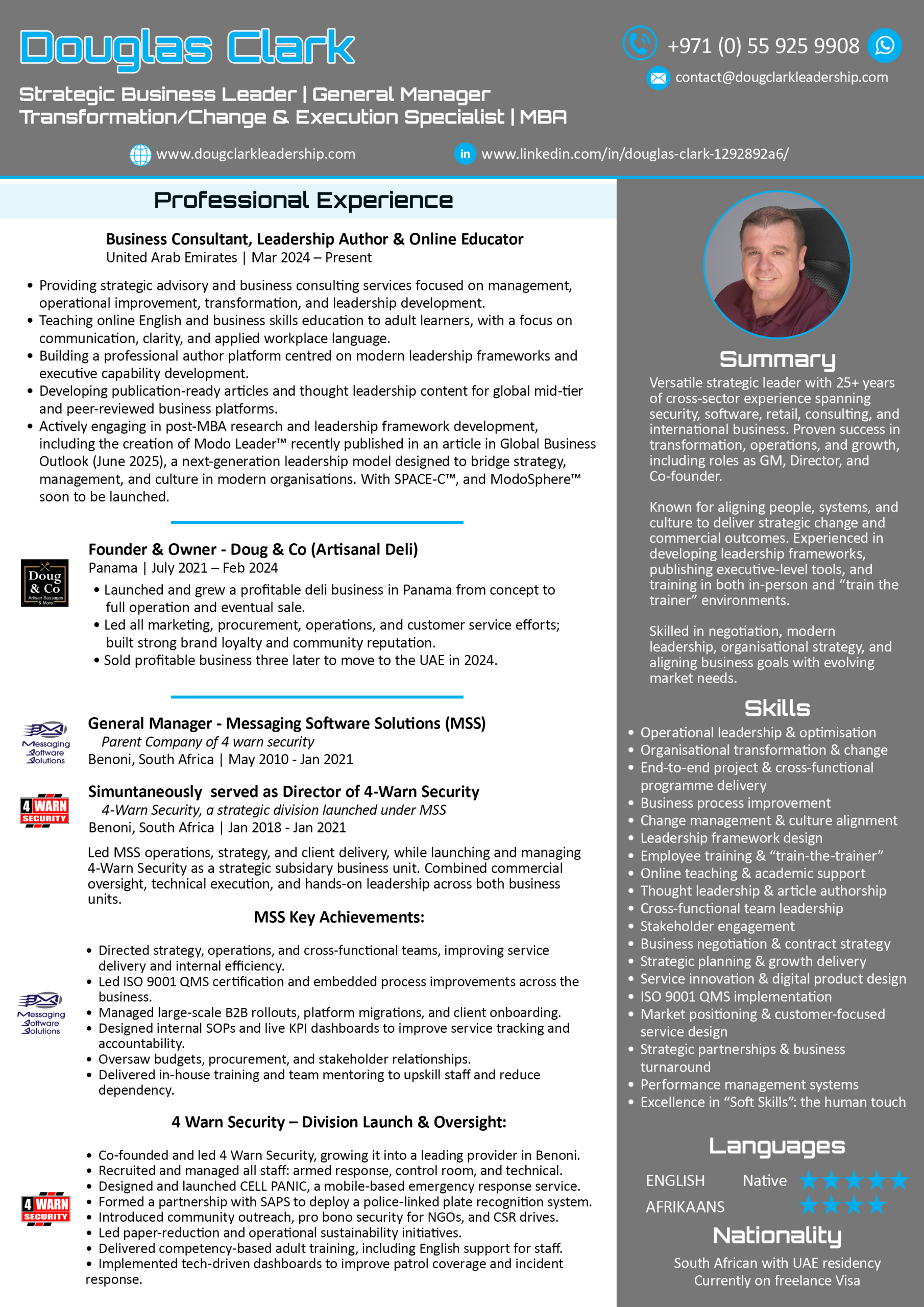 Preview of Doug Clark’s professional CV (Page 1), highlighting experience in strategy, general management, transformation, and leadership development.