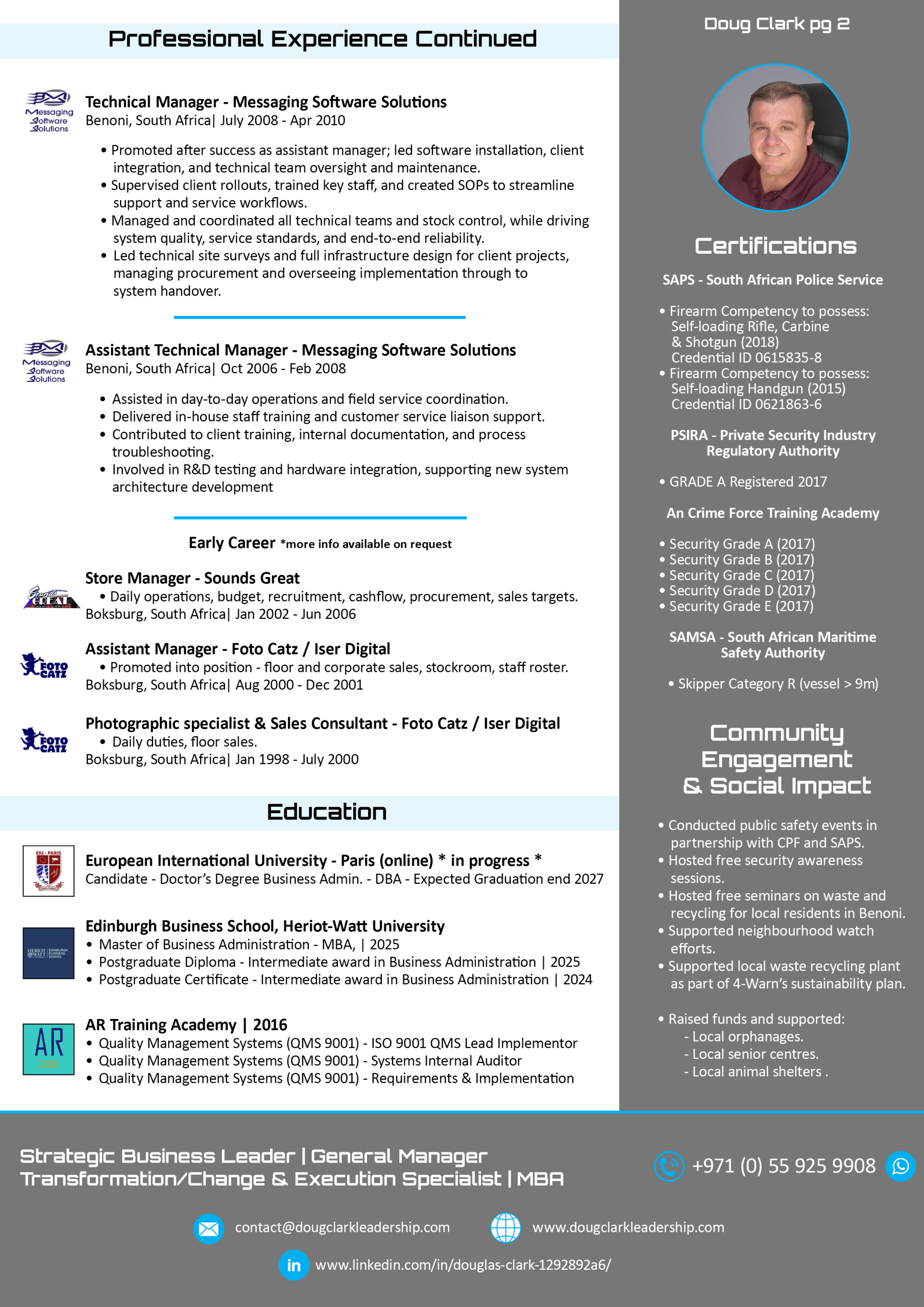 Preview of Doug Clark’s professional CV (Page 2), detailing previous roles in retail and technology, along with education and certifications