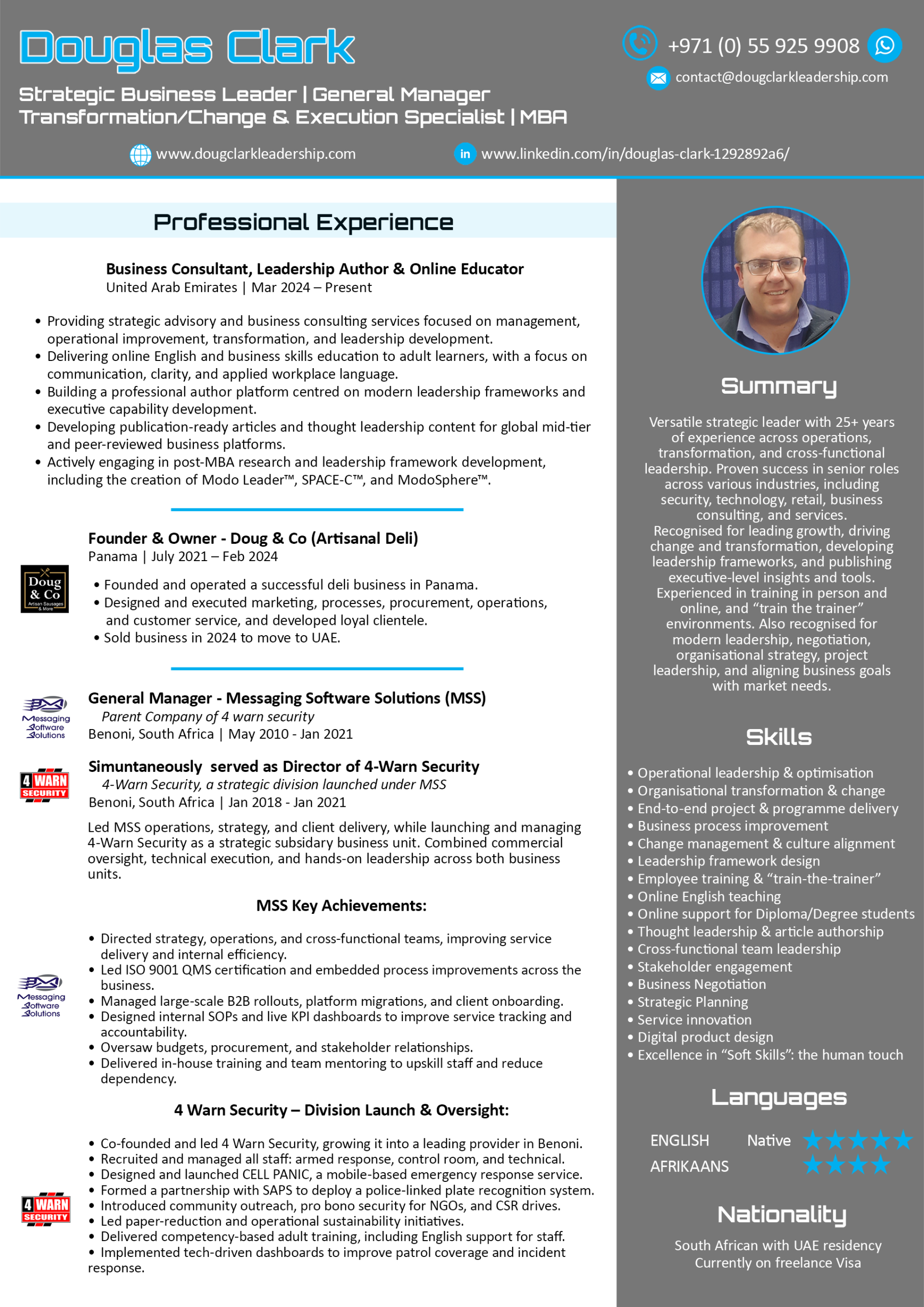 Doug Clark CV - Page 1 Preview of Doug Clark’s professional CV (Page 1), highlighting experience in strategy, general management, transformation, and leadership development.
