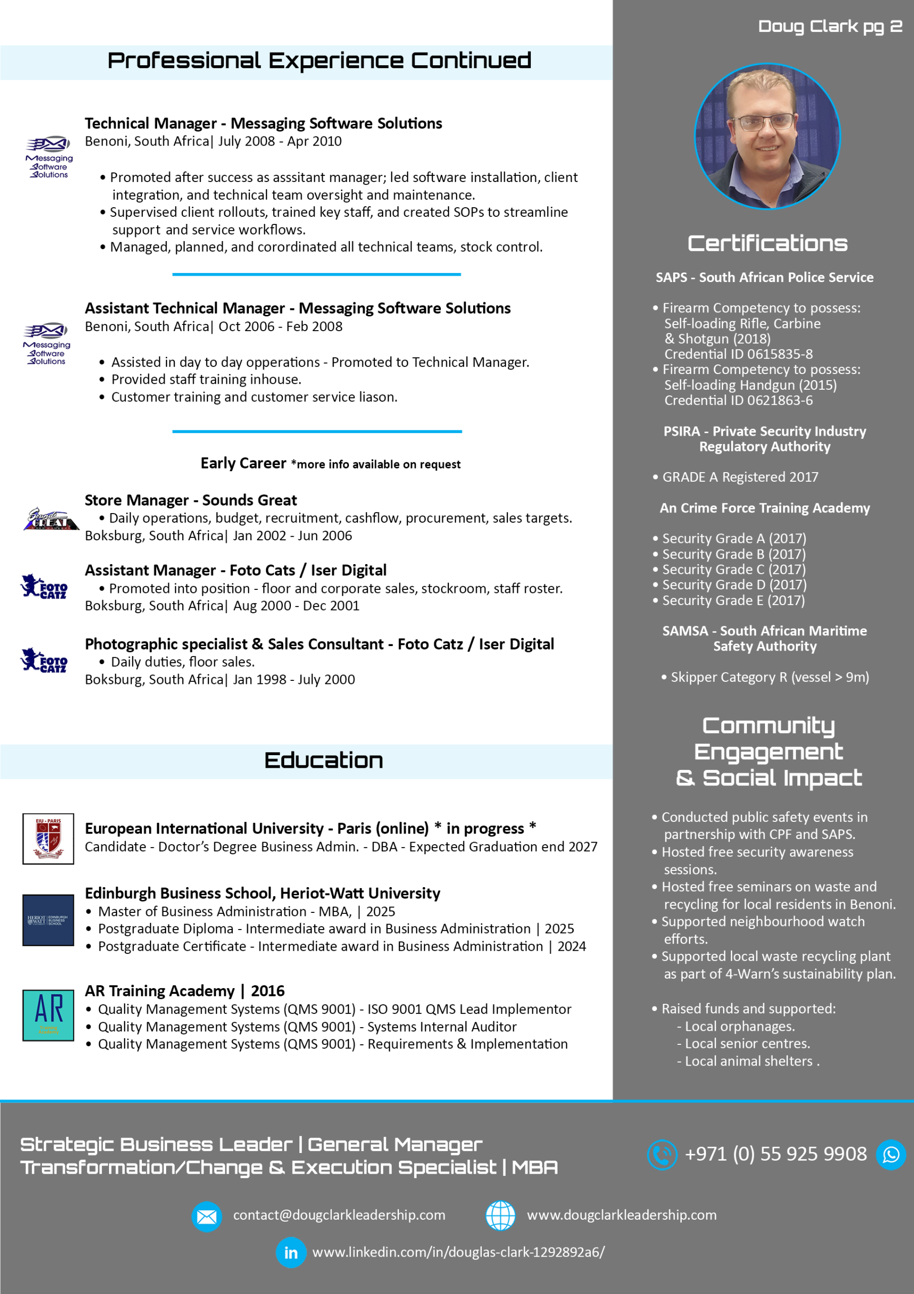Doug Clark CV - Page 2 Preview of Doug Clark’s professional CV (Page 2), detailing previous roles in retail and technology, along with education and certifications.