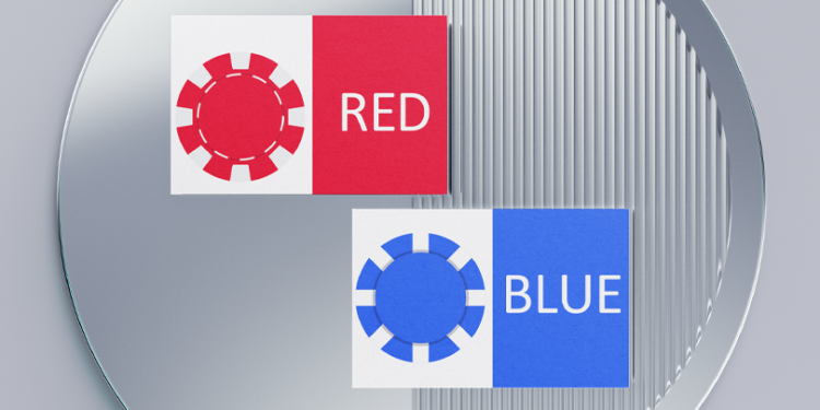 Red and blue playing cards with matching poker chips representing the Red/Blue negotiation game.